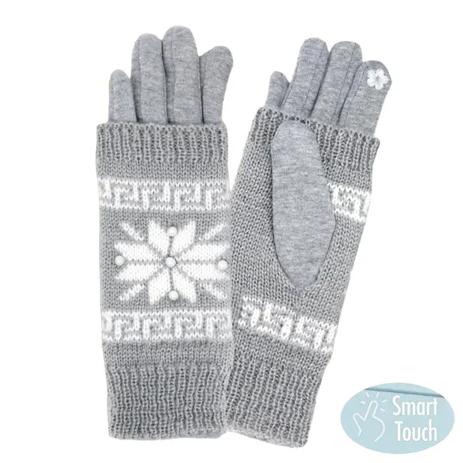 3 in 1 Knitted Snowflake Pearl Accented Smart Gloves