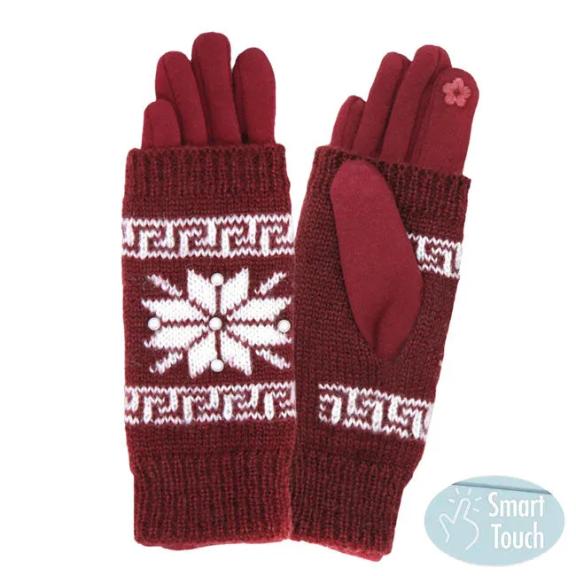 3 in 1 Knitted Snowflake Pearl Accented Smart Gloves