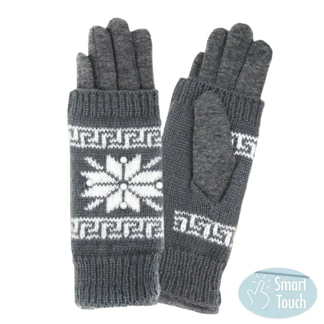 3 in 1 Knitted Snowflake Pearl Accented Smart Gloves