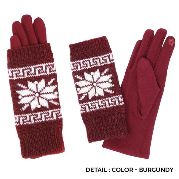 3 in 1 Knitted Snowflake Pearl Accented Smart Gloves