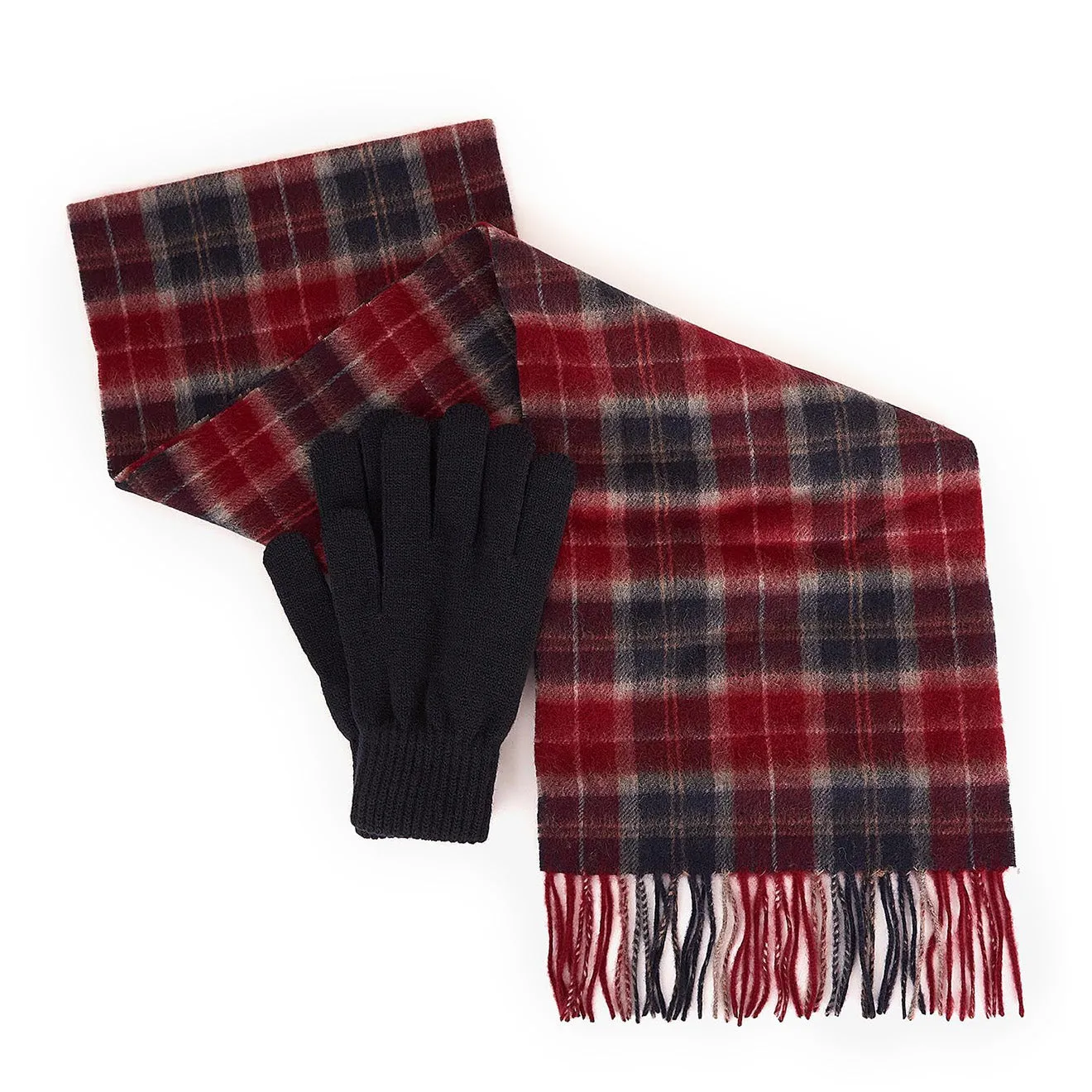 Barbour Luxury Gift Set with Tartan Scarf and Gloves in Cranberry Color