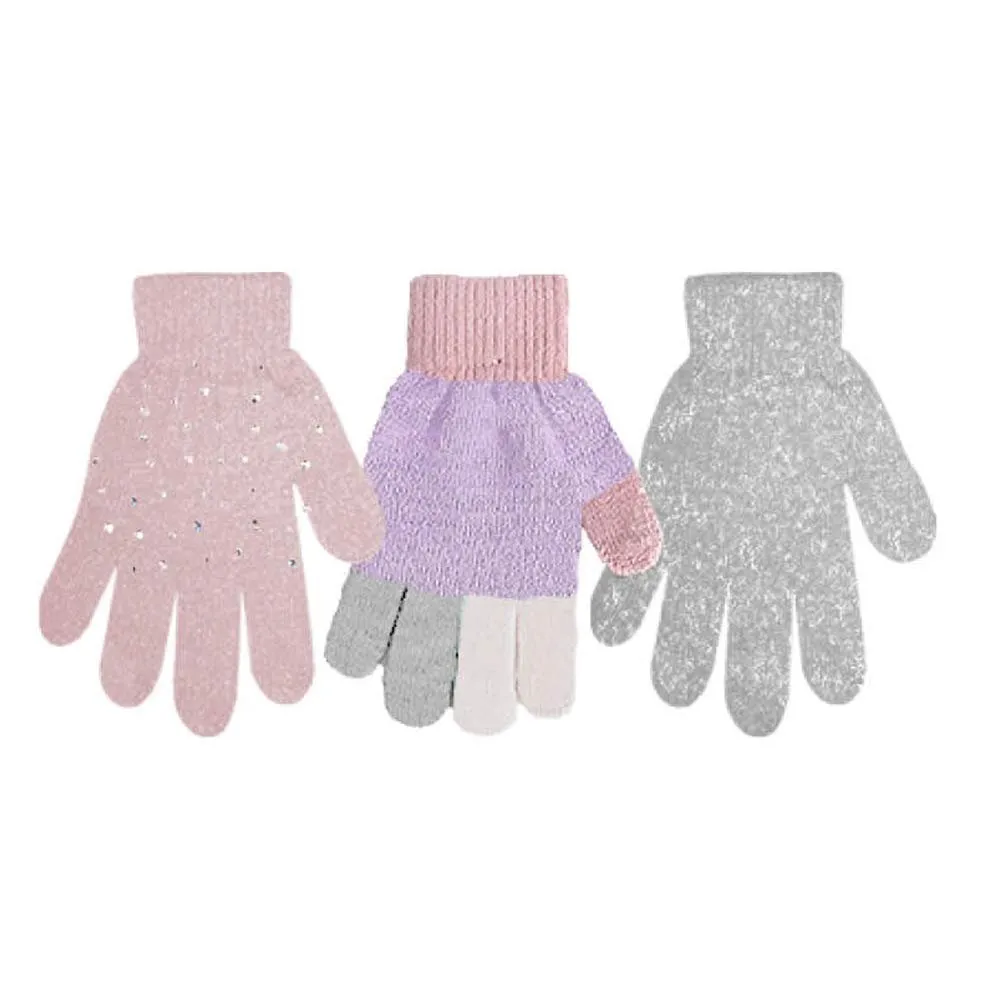 BCBG Girls Little Kid Warm Winter Stretchy Sparkly Rhinestone Magic Knit Gloves - Cute Fall Winter Accessories (3 Pack)