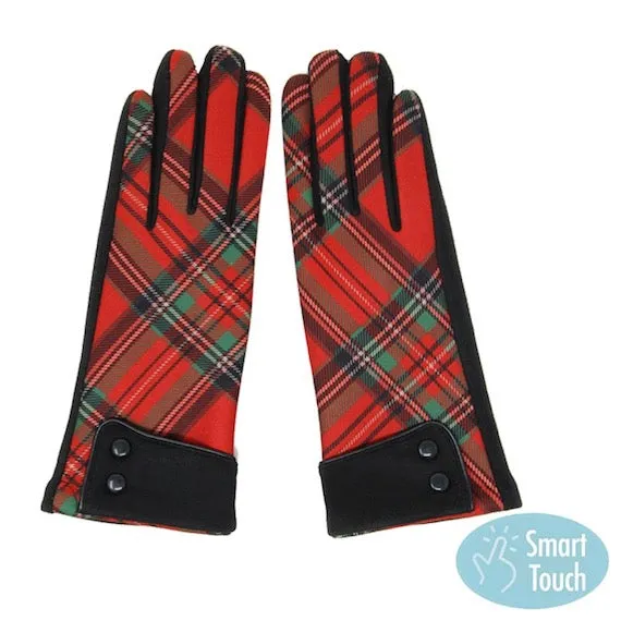 Checkered Detail Button Accent Cuff Smart Touch Tech Gloves