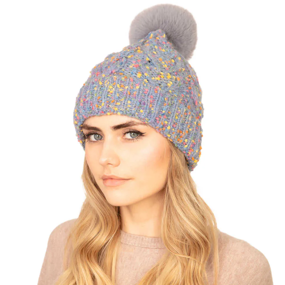 Confetti Cable Knit Pom Pom Beanie Hat