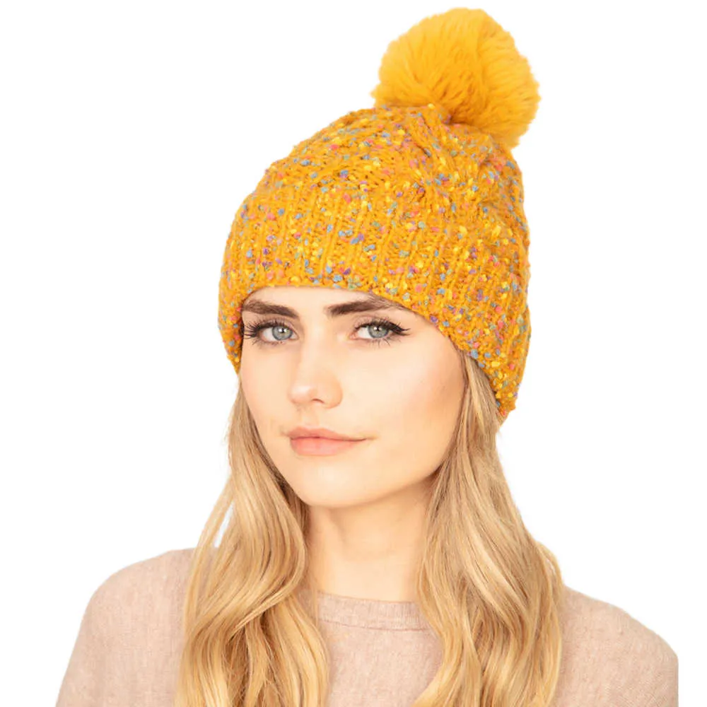 Confetti Cable Knit Pom Pom Beanie Hat