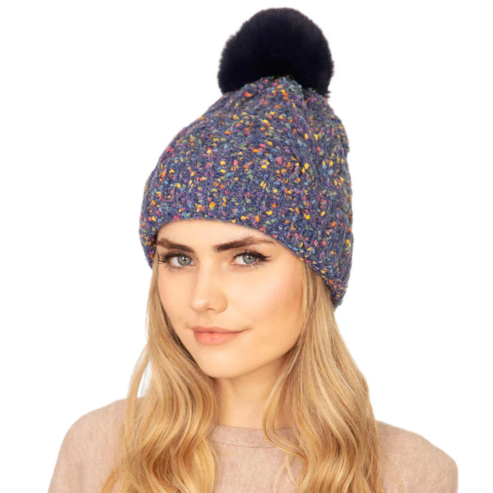 Confetti Cable Knit Pom Pom Beanie Hat