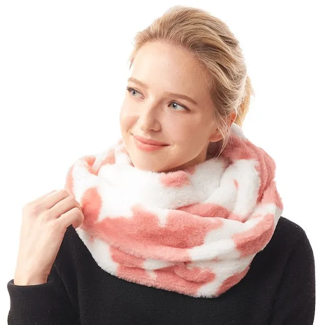 Cow Patterned Plush Faux Fur Sherpa Infinity Scarf