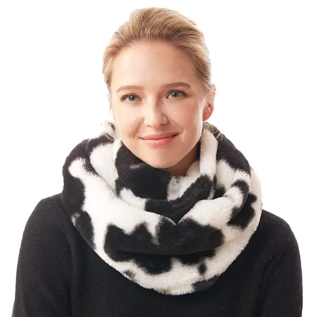 Cow Patterned Plush Faux Fur Sherpa Infinity Scarf