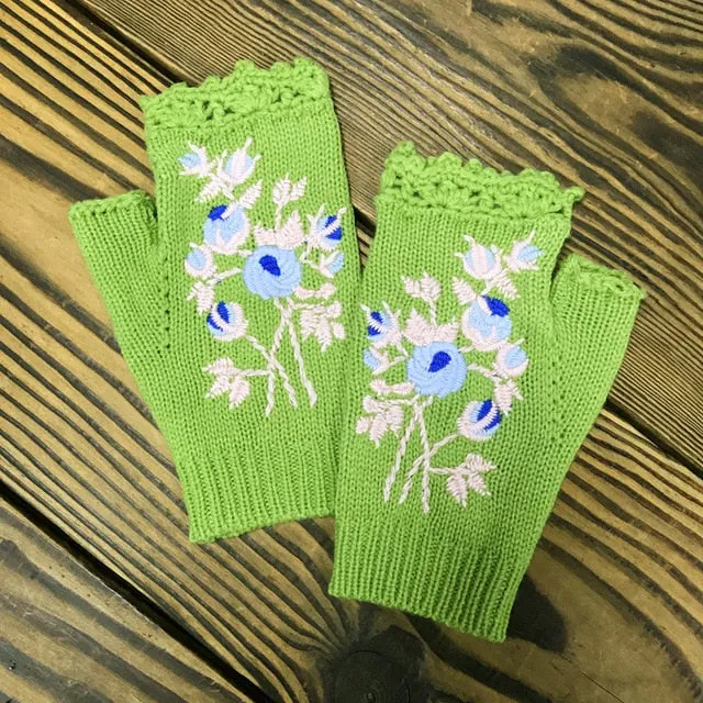 Fingerless Gloves With Embroidered Flowers Birds Or Hand Knitted Appliques 33 Different Colors! Three Different Styles Handmade Women's Warm Winter Embroidery Texting Gloves One Size