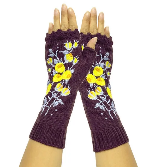 Fingerless Gloves With Embroidered Flowers Birds Or Hand Knitted Appliques 33 Different Colors! Three Different Styles Handmade Women's Warm Winter Embroidery Texting Gloves One Size