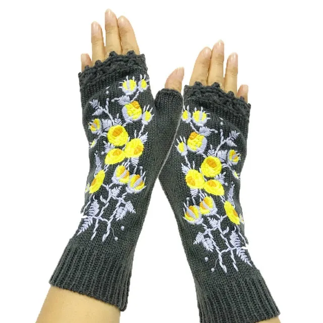 Fingerless Gloves With Embroidered Flowers Birds Or Hand Knitted Appliques 33 Different Colors! Three Different Styles Handmade Women's Warm Winter Embroidery Texting Gloves One Size