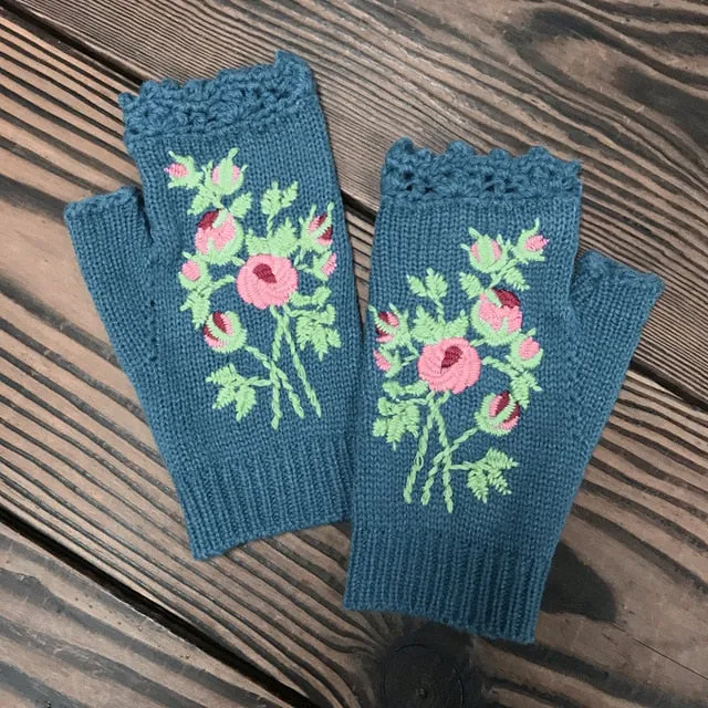 Fingerless Gloves With Embroidered Flowers Birds Or Hand Knitted Appliques 33 Different Colors! Three Different Styles Handmade Women's Warm Winter Embroidery Texting Gloves One Size