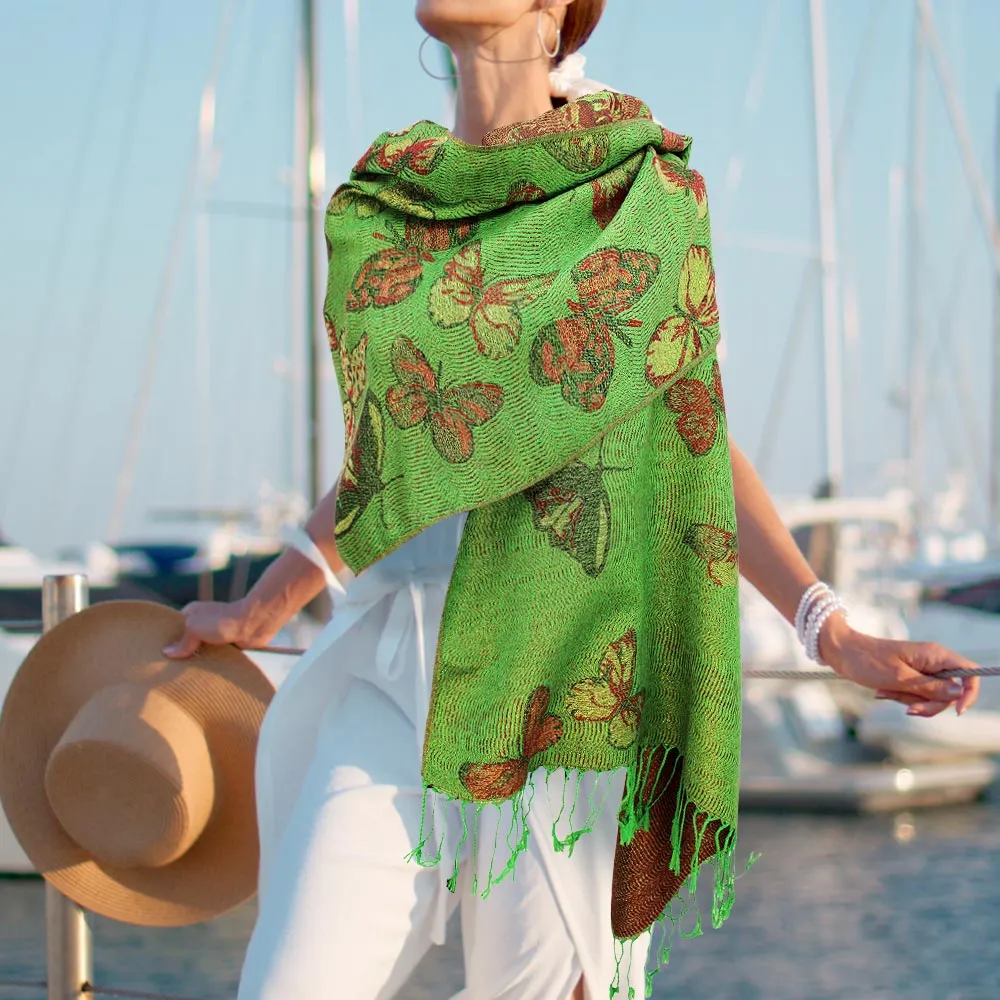 Green Metallic Butterfly Printed Pashmina Scarf Shawl