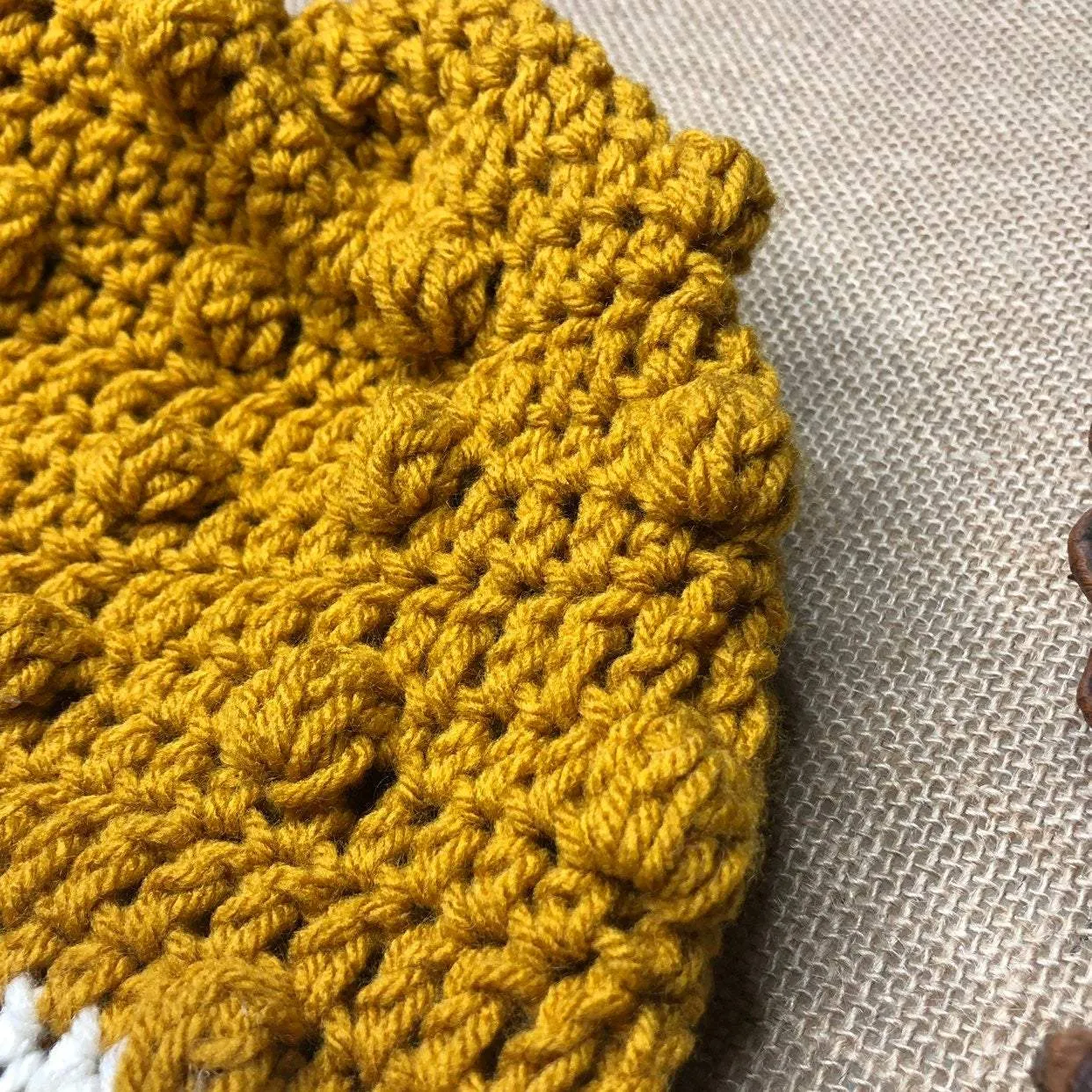 Hand Knit Crochet Mustard Yellow and Ivory Winter Hat | Slouchy Hat | Puff Beanie Cozy Thick Winter Hat | Women Winter Hat | unisex Beanies