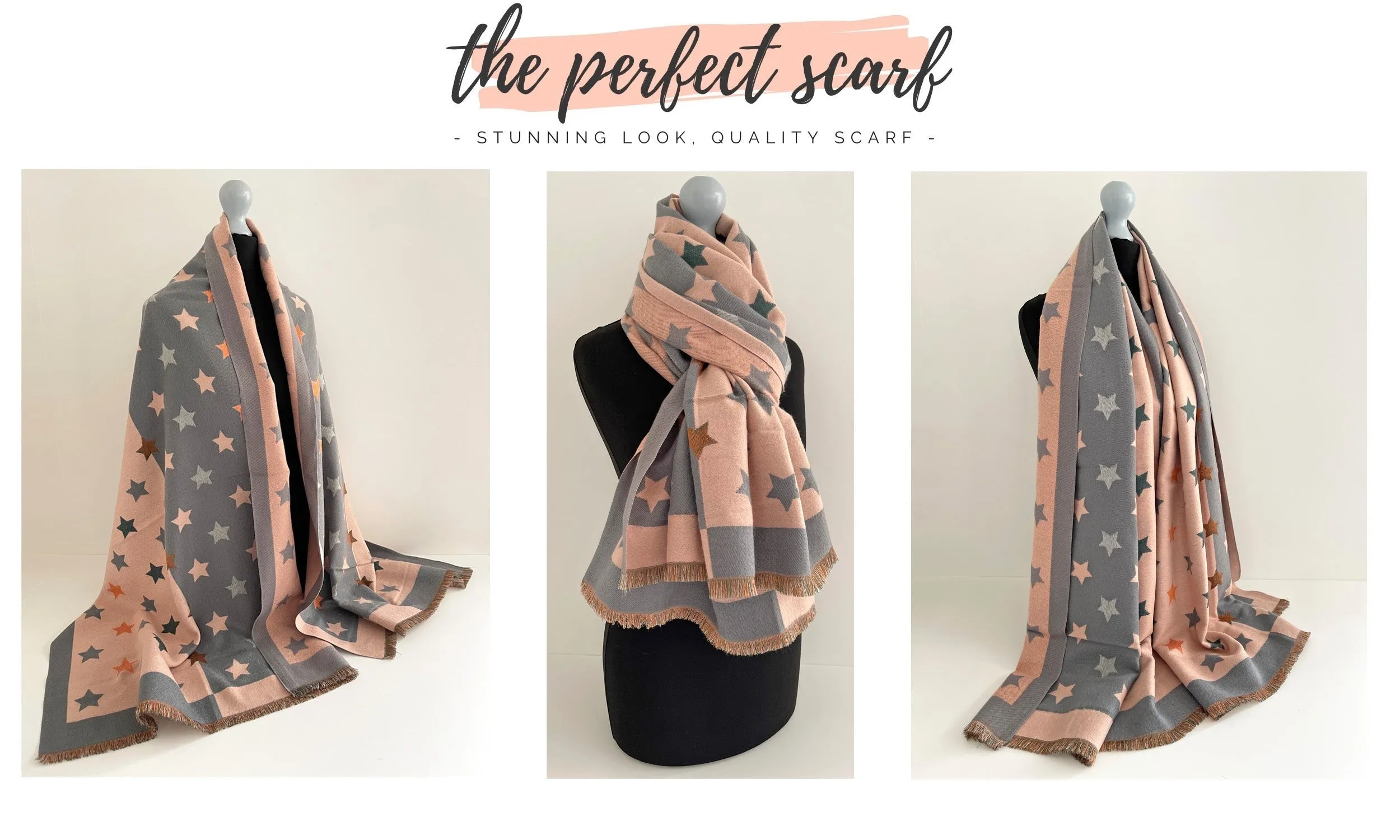 LARGE BLUSH PINK WOOL STAR PRINT REVERSIBLE WINTER SHAWL BLANKET SCARF