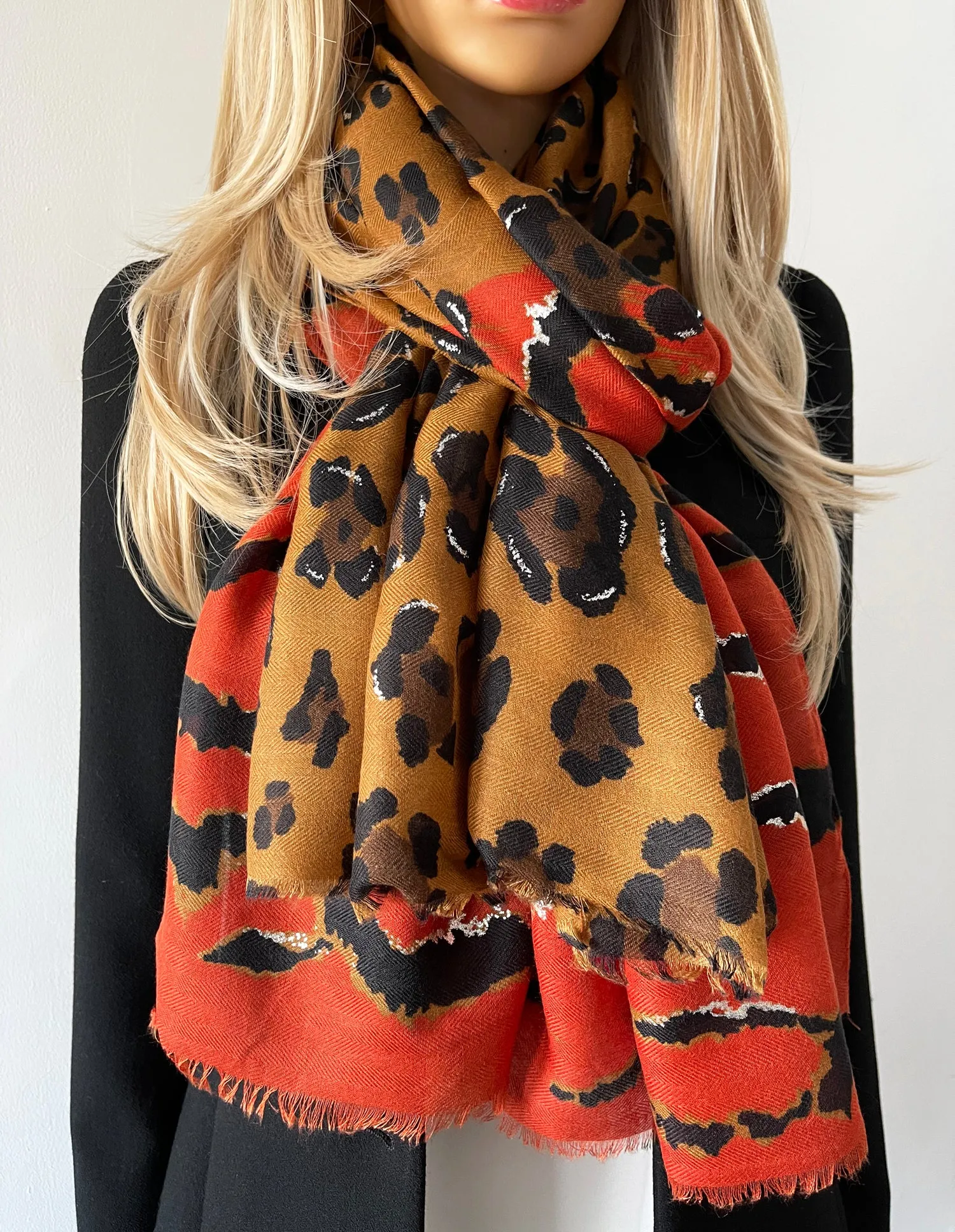 LARGE DEEP ORANGE ZEBRA AND LEOPARD PRINT SHAWL SCARF