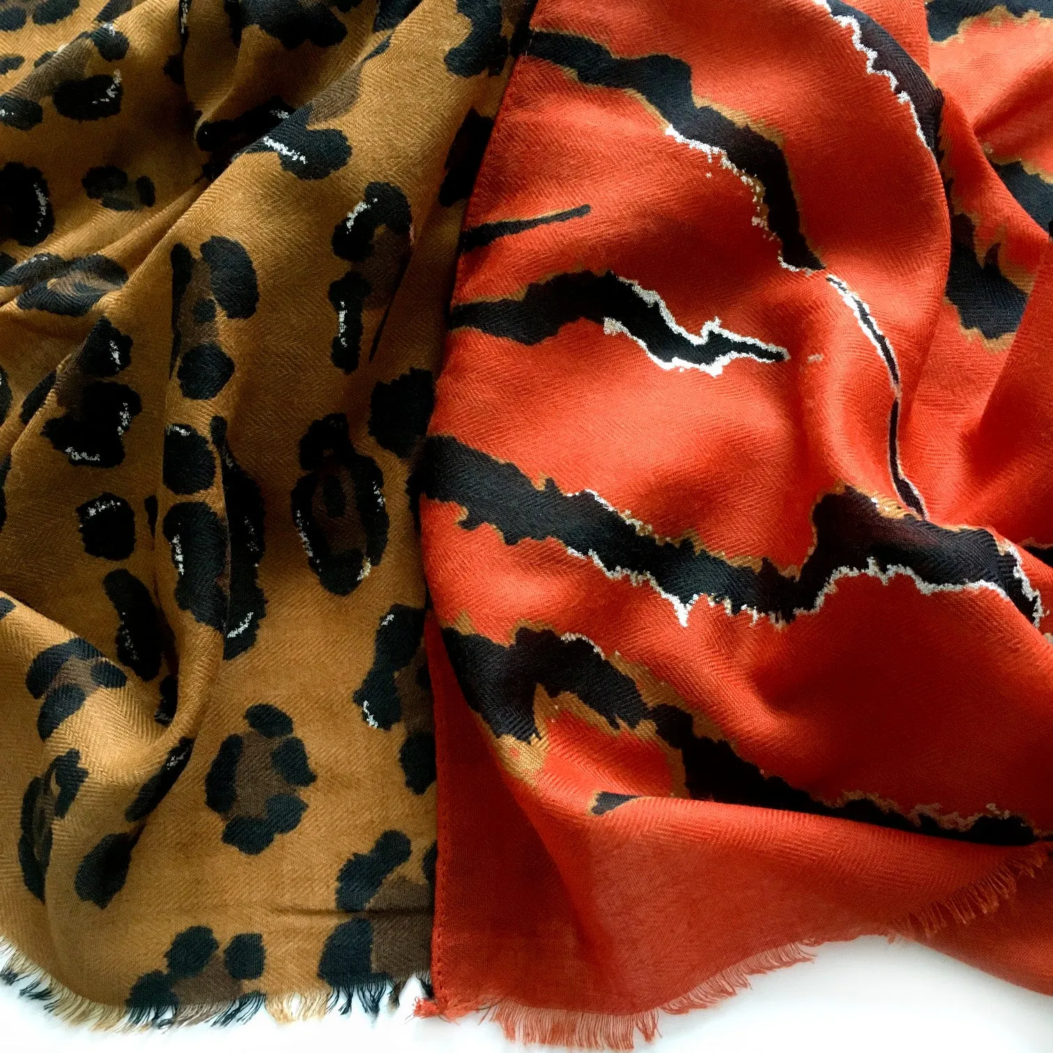 LARGE DEEP ORANGE ZEBRA AND LEOPARD PRINT SHAWL SCARF