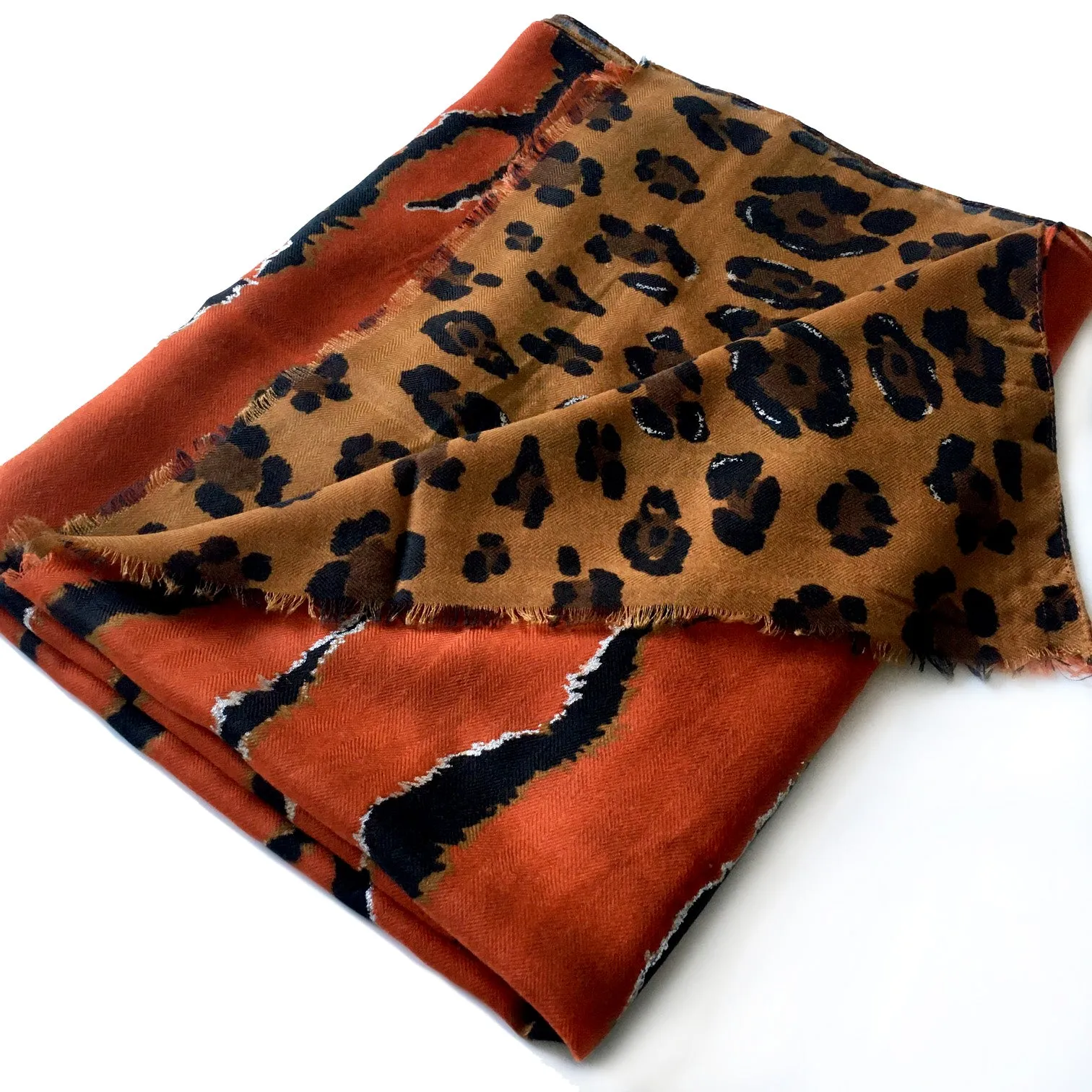 LARGE DEEP ORANGE ZEBRA AND LEOPARD PRINT SHAWL SCARF