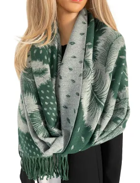 LARGE GREEN CASHMERE FEATHER PRINT REVERSIBLE WINTER SHAWL BLANKET SCARF