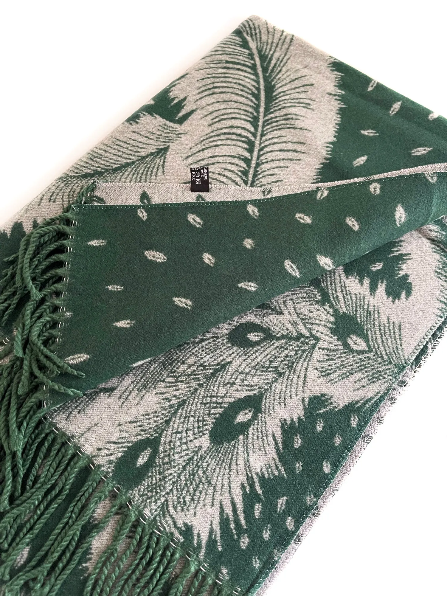 LARGE GREEN CASHMERE FEATHER PRINT REVERSIBLE WINTER SHAWL BLANKET SCARF