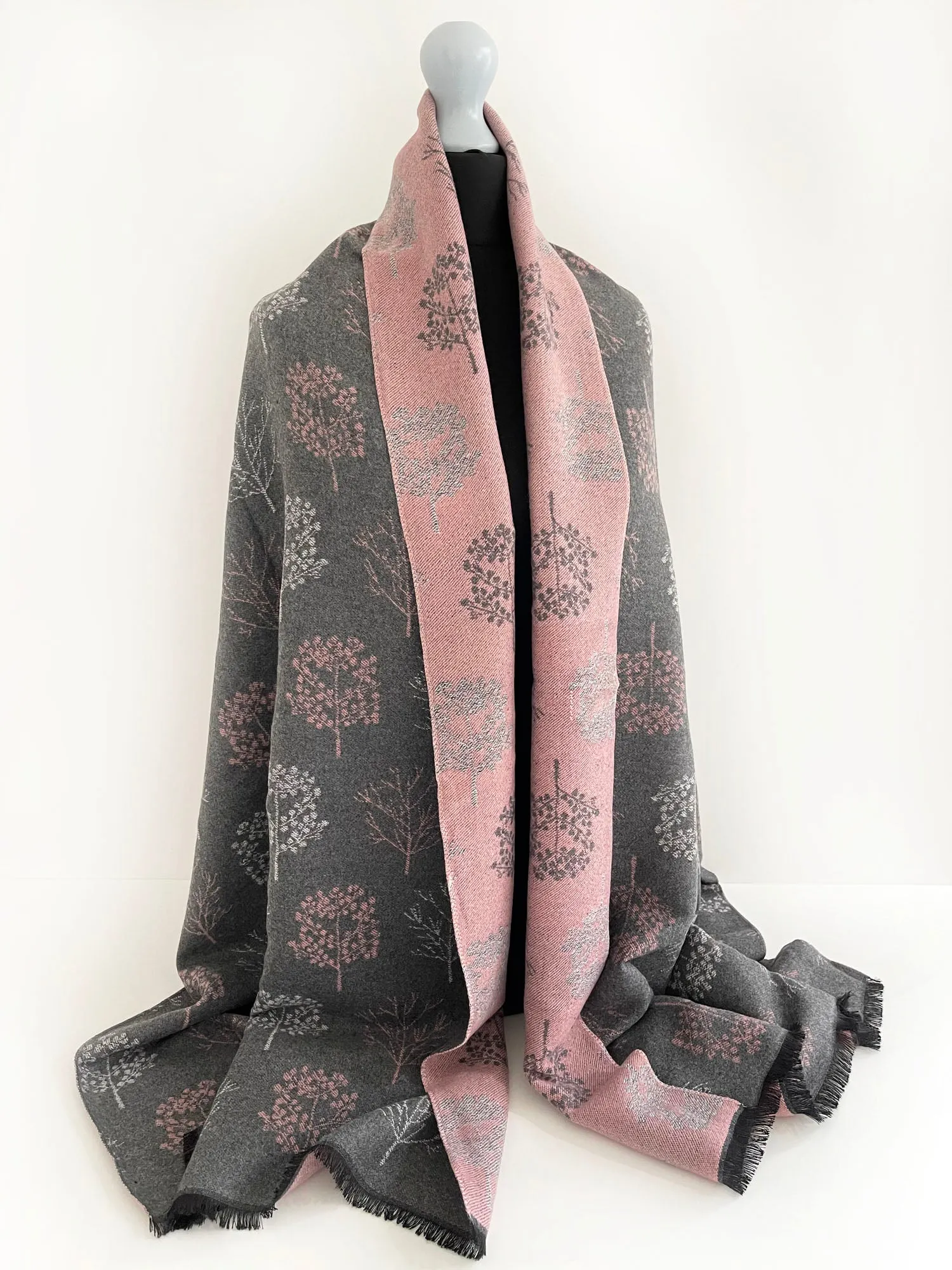 LARGE GREY BLUSH SKANDI TREE REVERSIBLE WINTER SHAWL WRAP BLANKET SCARF