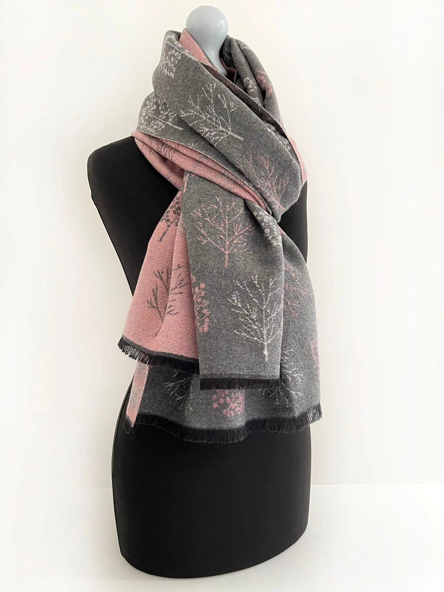 LARGE GREY BLUSH SKANDI TREE REVERSIBLE WINTER SHAWL WRAP BLANKET SCARF