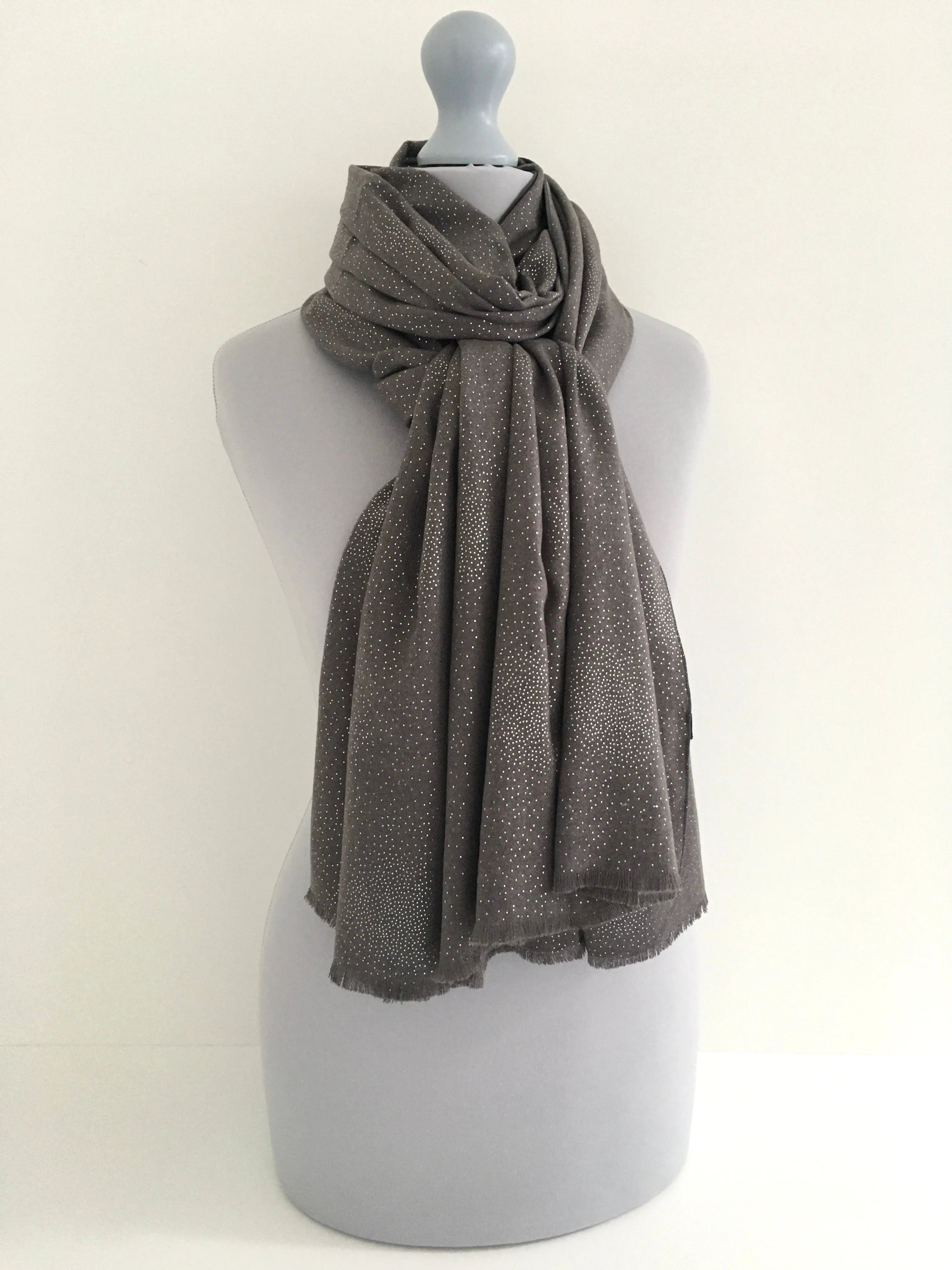 LARGE GREY CASHMERE MIX SUPER SOFT PASHMINA SHAWL SCARF WITH METALLIC FOIL