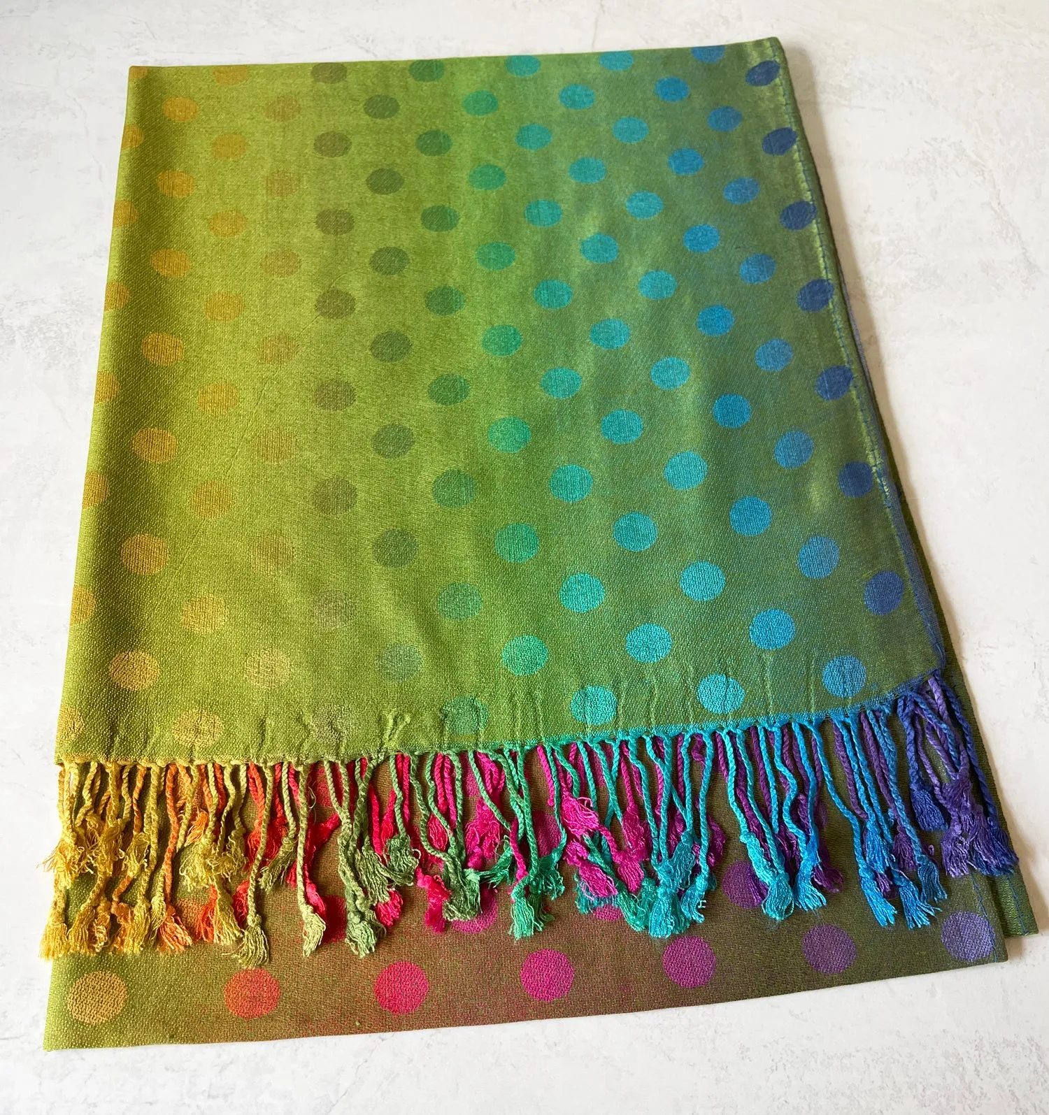 LARGE LIME YELLOW MULTI-COLOUR DOT PRINT PASHMINA SHAWL SCARF