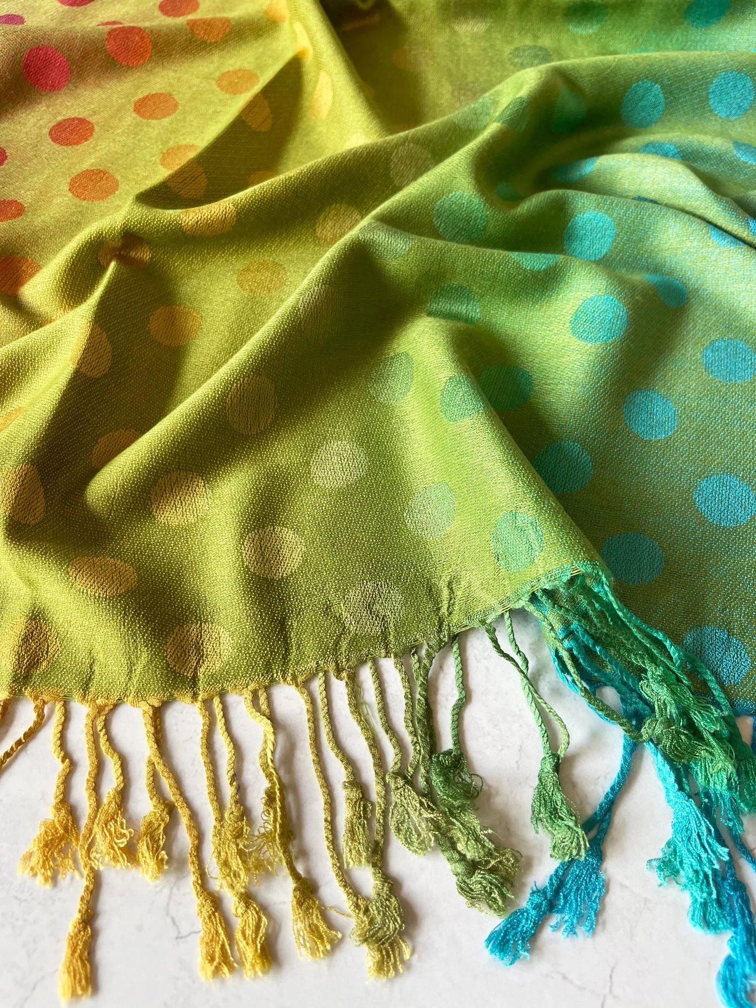 LARGE LIME YELLOW MULTI-COLOUR DOT PRINT PASHMINA SHAWL SCARF