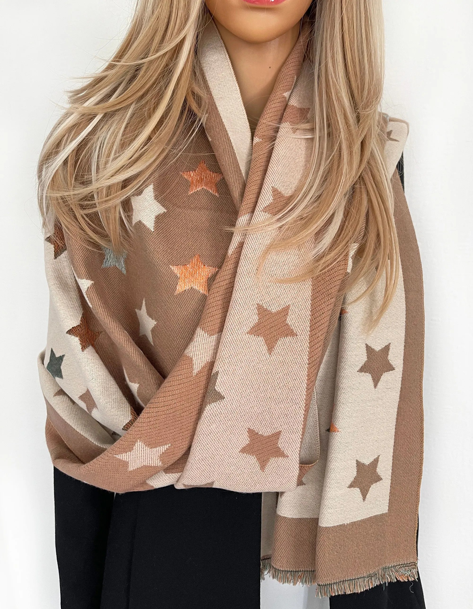 LARGE MOCHA BEIGE WOOL STAR PRINT REVERSIBLE WINTER SHAWL BLANKET SCARF