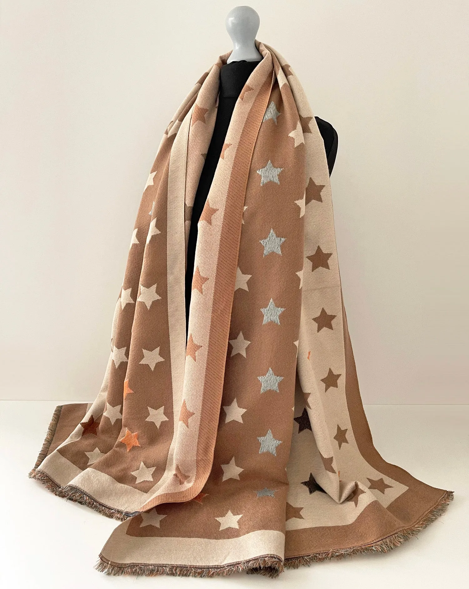 LARGE MOCHA BEIGE WOOL STAR PRINT REVERSIBLE WINTER SHAWL BLANKET SCARF