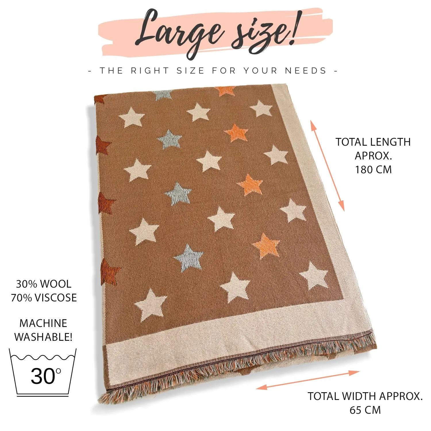 LARGE MOCHA BEIGE WOOL STAR PRINT REVERSIBLE WINTER SHAWL BLANKET SCARF