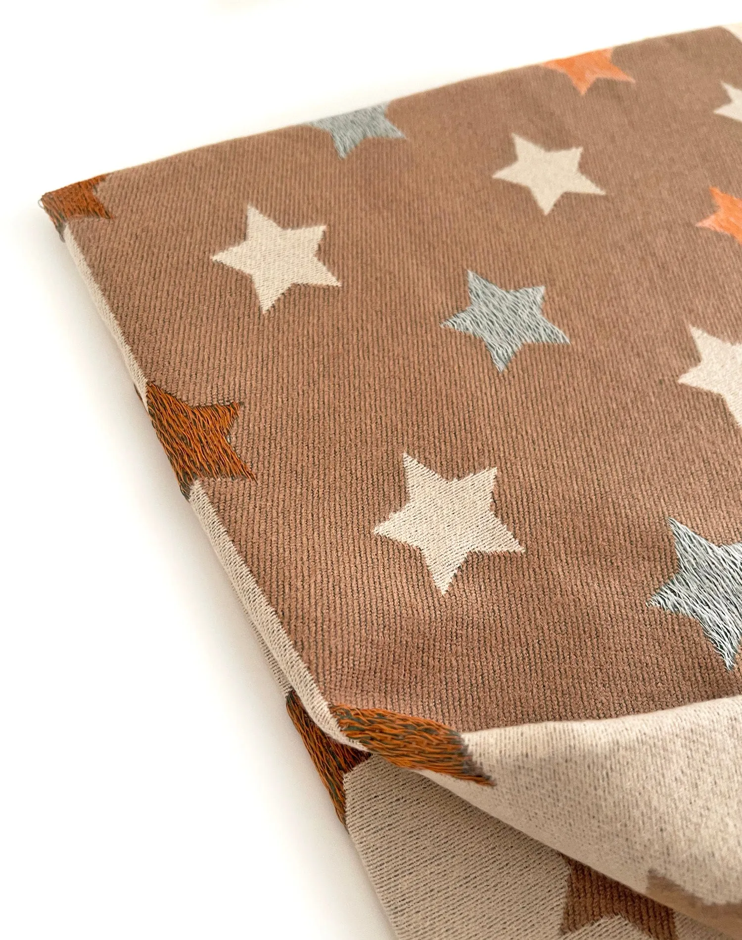 LARGE MOCHA BEIGE WOOL STAR PRINT REVERSIBLE WINTER SHAWL BLANKET SCARF