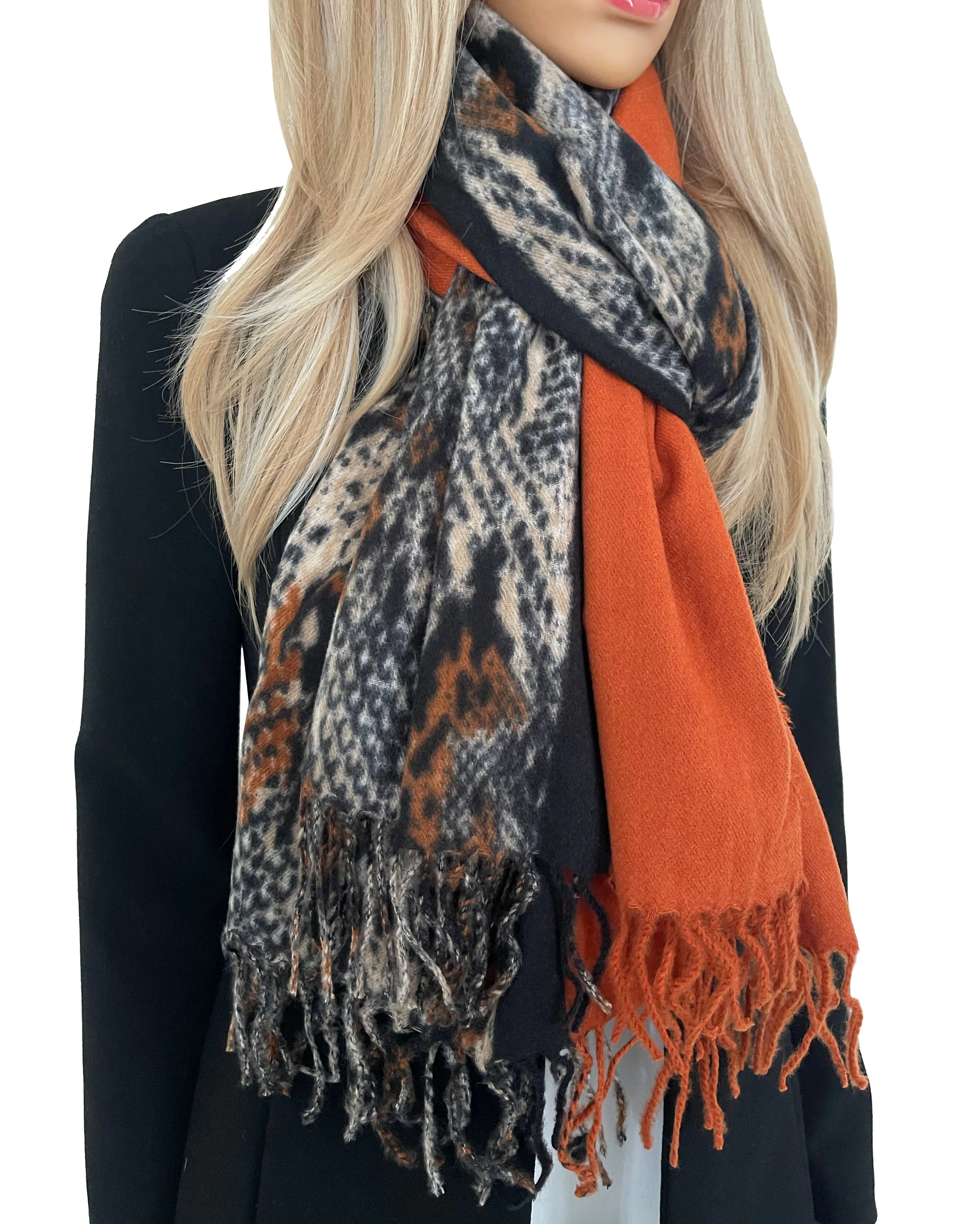 LARGE ORANGE FLEECE FEEL BLOCK PRINT SNAKESKIN SHAWL SCARF