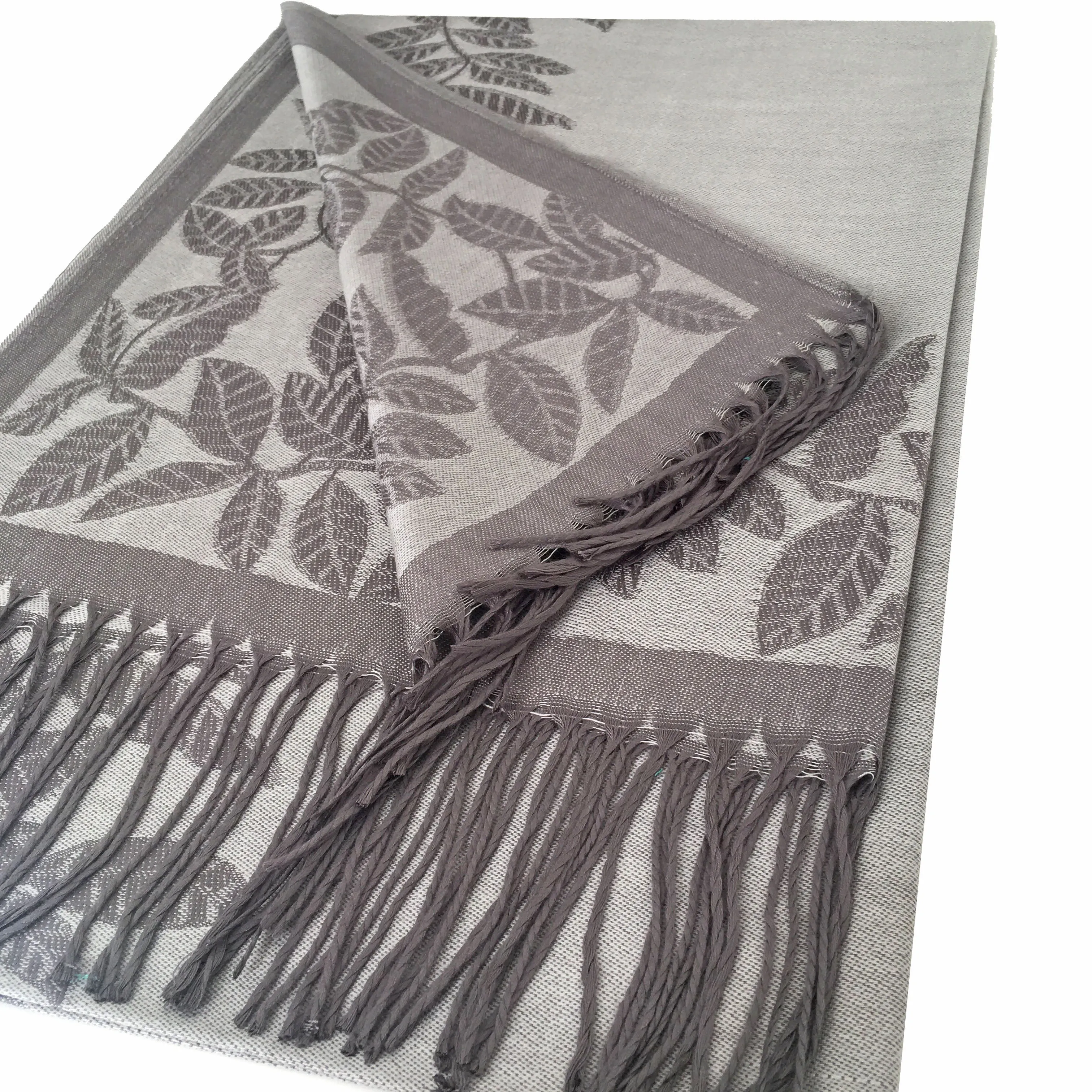 LARGE SILVER GREY LEAF PRINT REVERSIBLE PASHMINA SHAWL SCARF