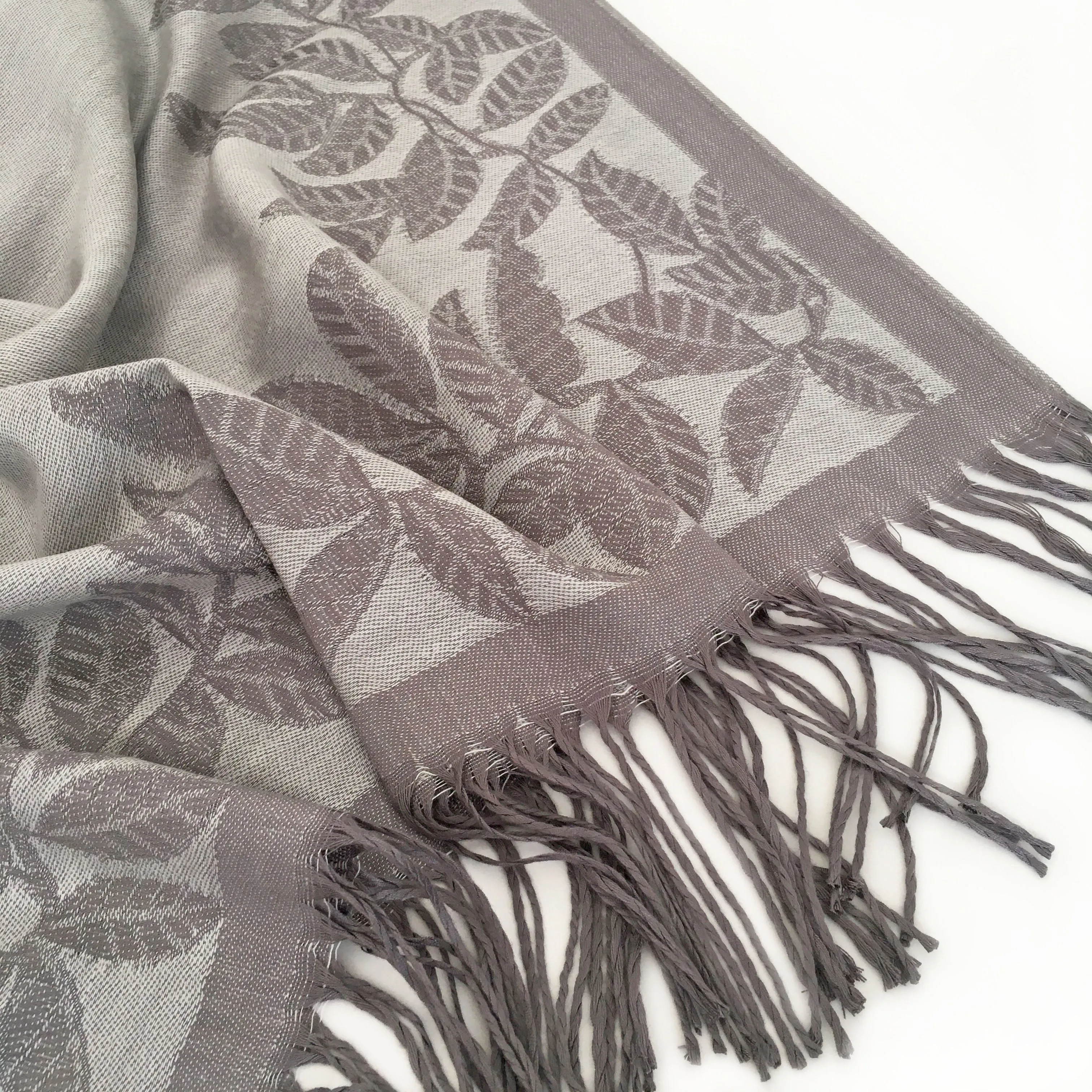 LARGE SILVER GREY LEAF PRINT REVERSIBLE PASHMINA SHAWL SCARF