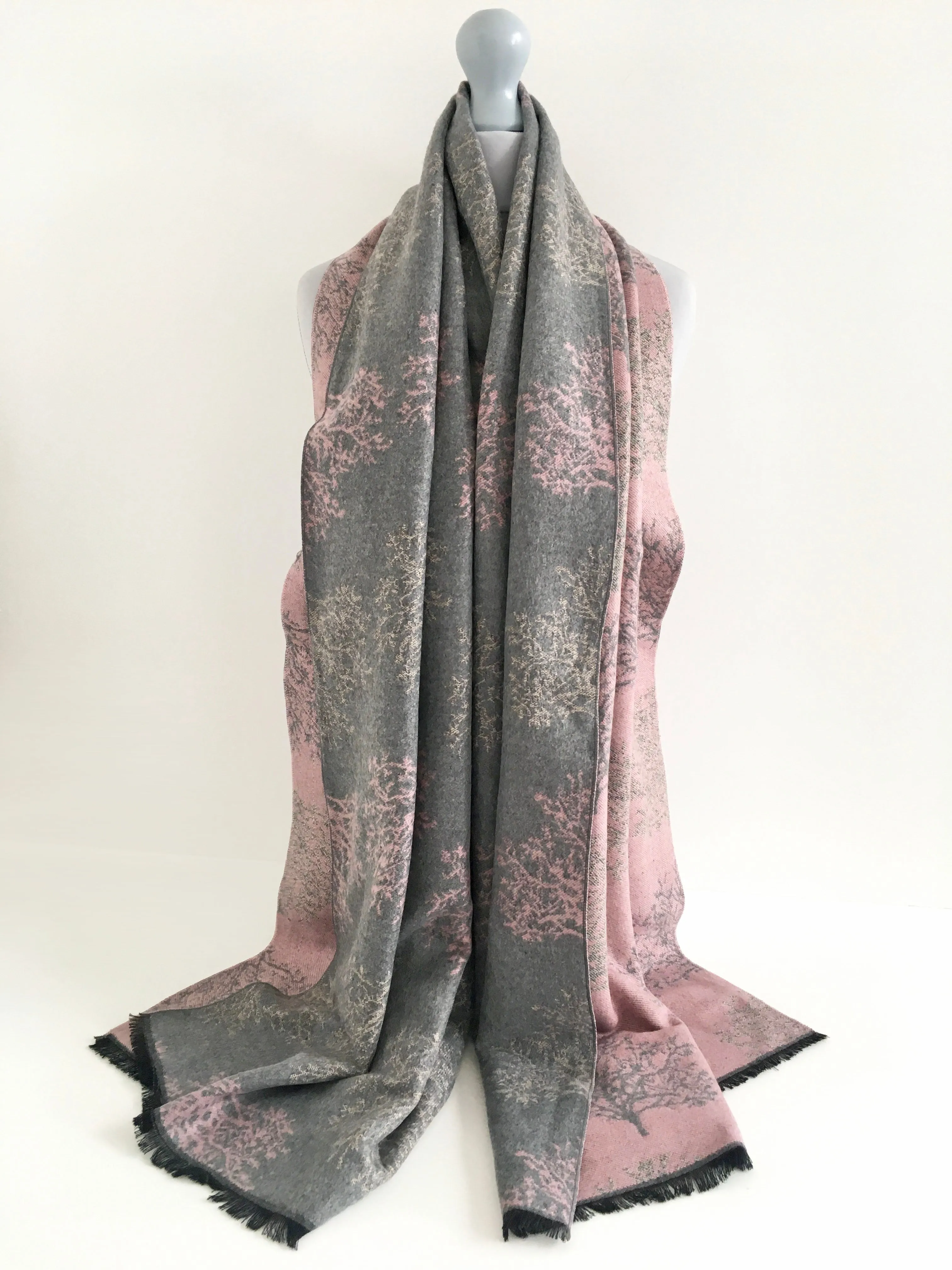 LARGE THICK GREY BLUSH TREE REVERSIBLE WINTER SHAWL BLANKET SCARF