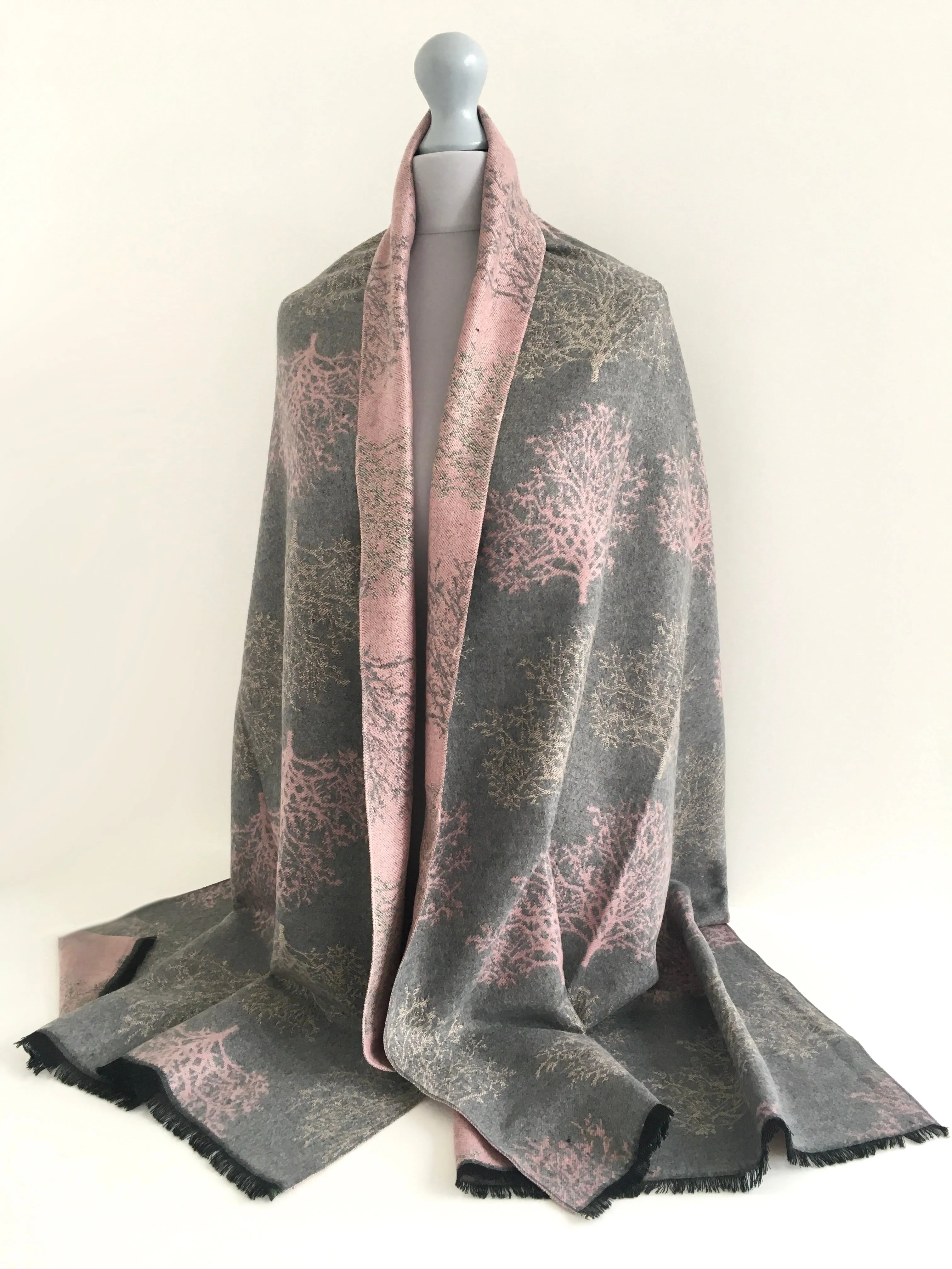 LARGE THICK GREY BLUSH TREE REVERSIBLE WINTER SHAWL BLANKET SCARF