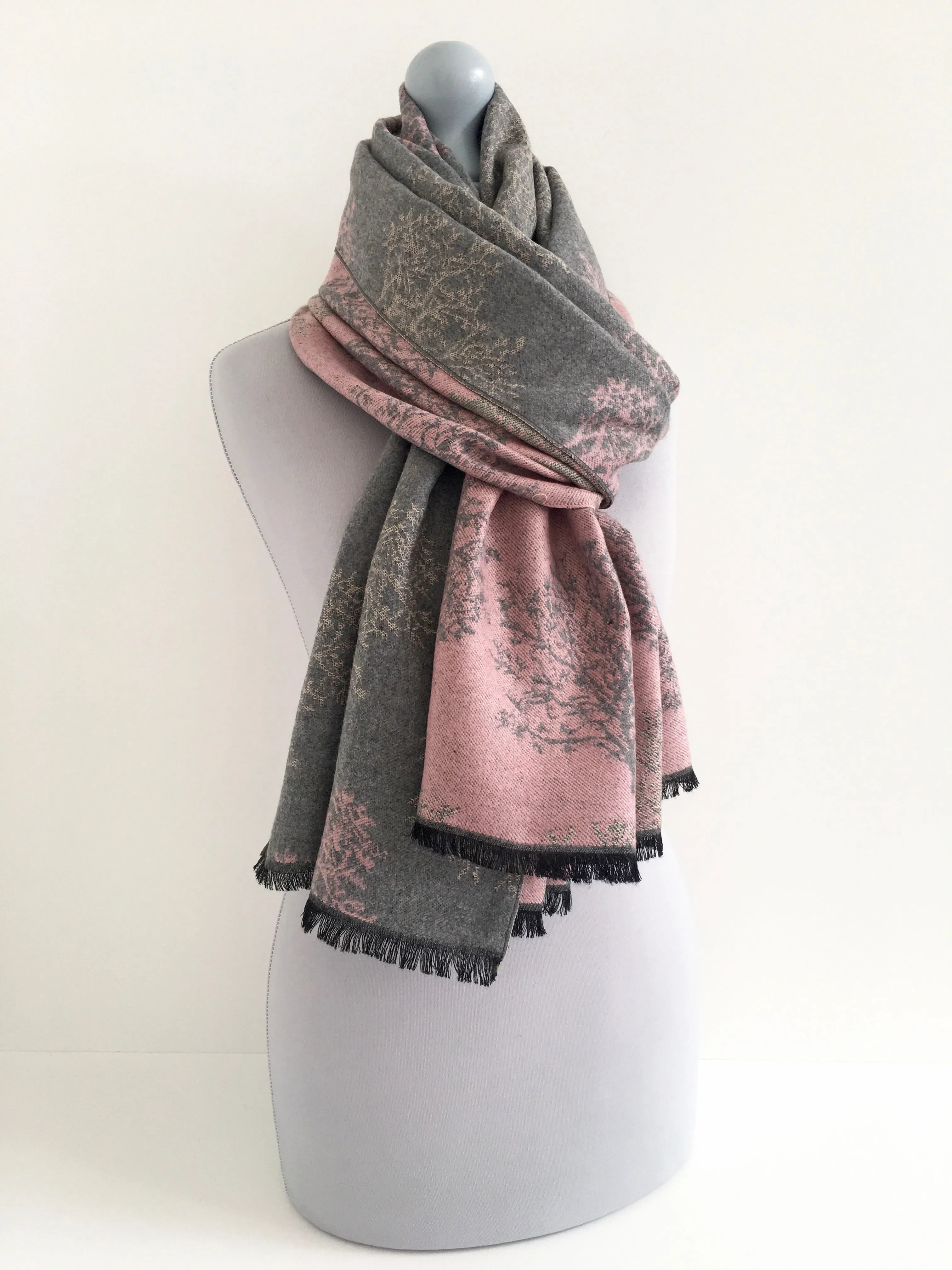 LARGE THICK GREY BLUSH TREE REVERSIBLE WINTER SHAWL BLANKET SCARF