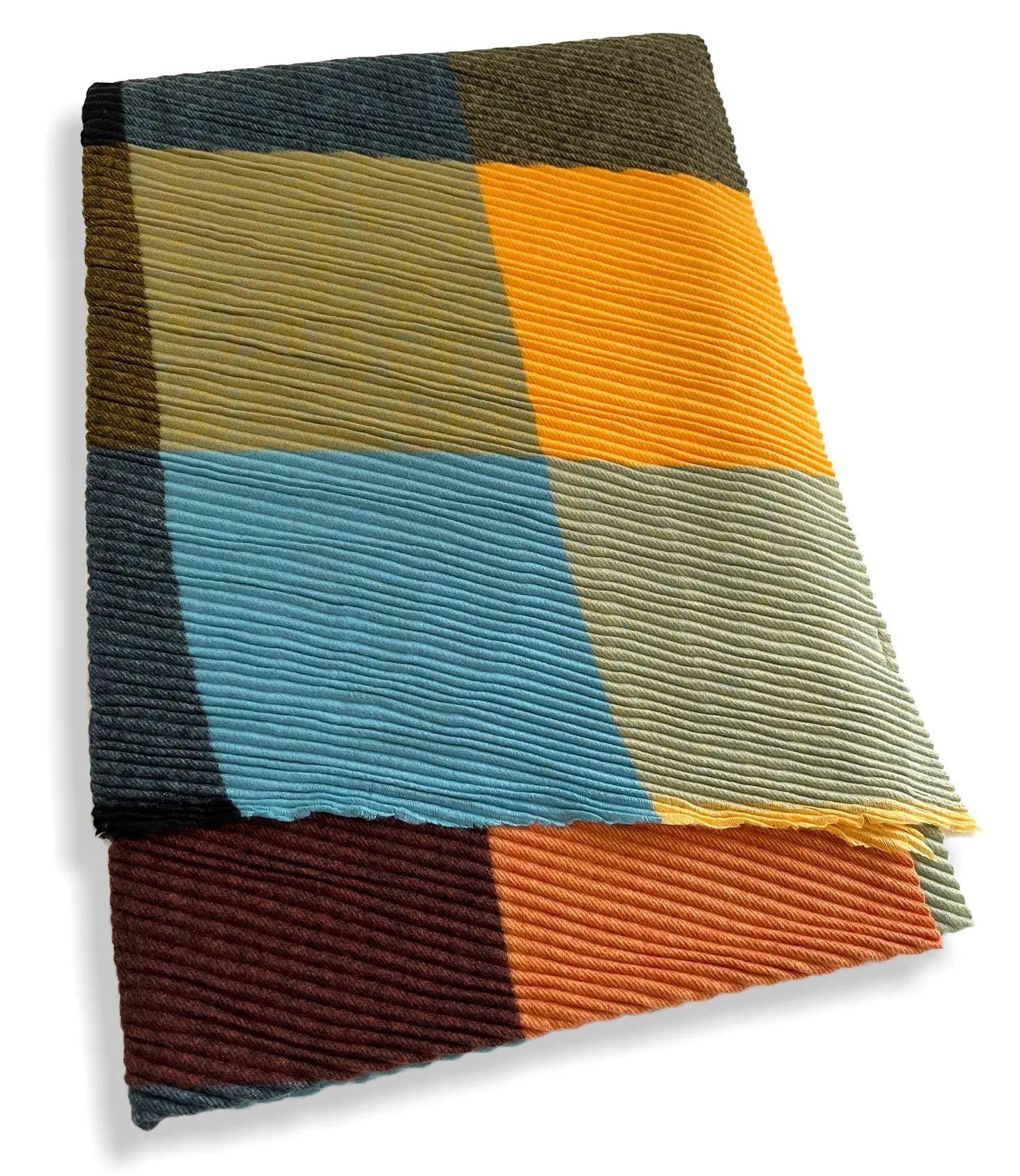 LONG ORANGE CRINKLE MULTICOLOUR WOOL MIX COLOUR BLOCK CHECK SCARF