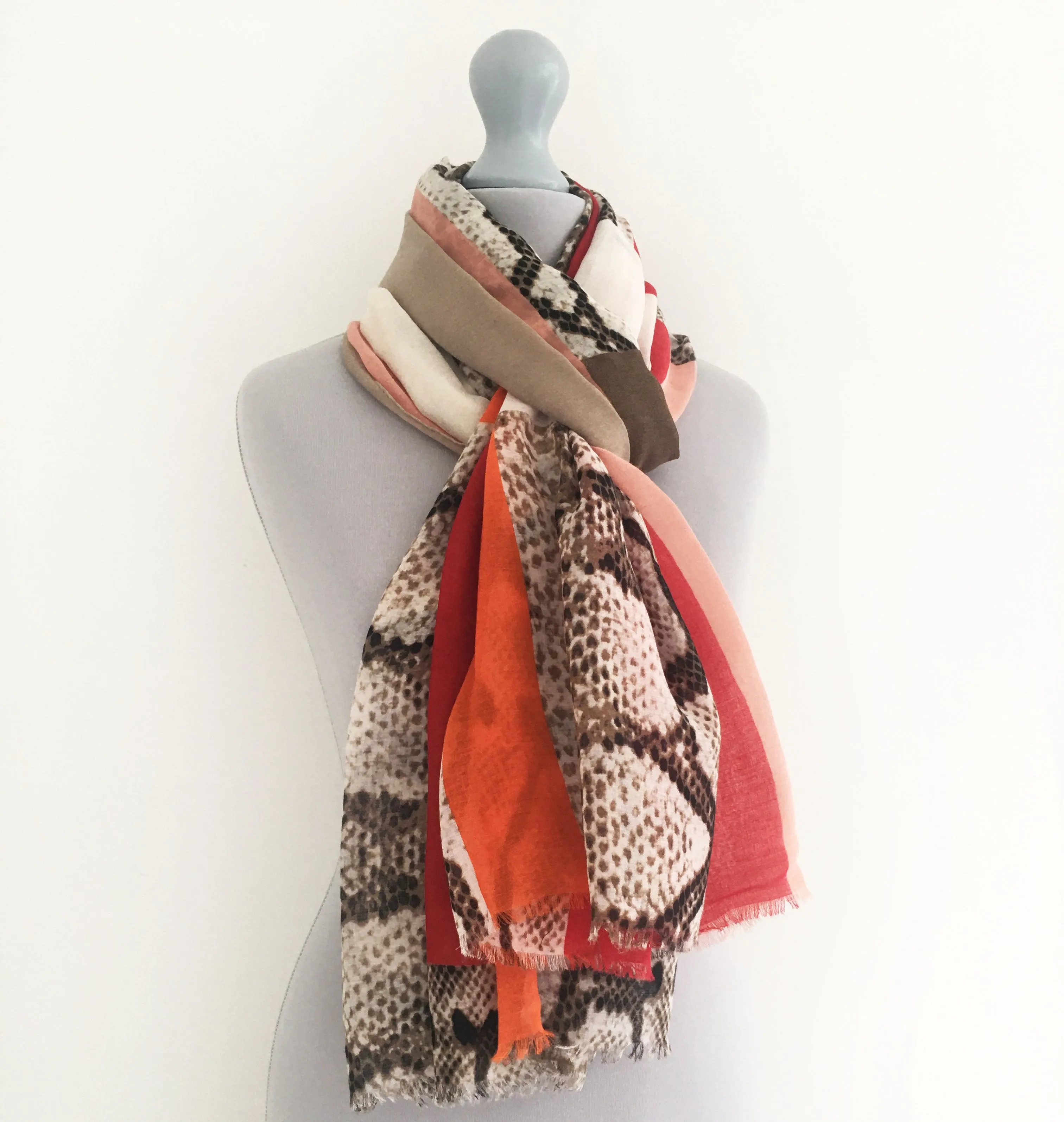 LONG RED BLOCKS SNAKESKIN PRINT LIGHTWEIGHT SHAWL SCARF