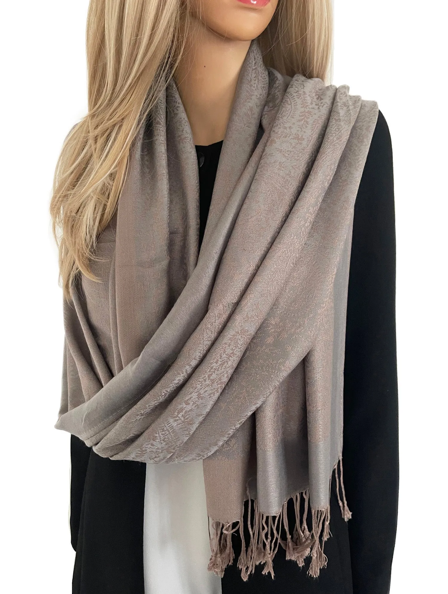 MOCHA GREY PAISLEY PRINT REVERSIBLE PASHMINA SHAWL SCARF