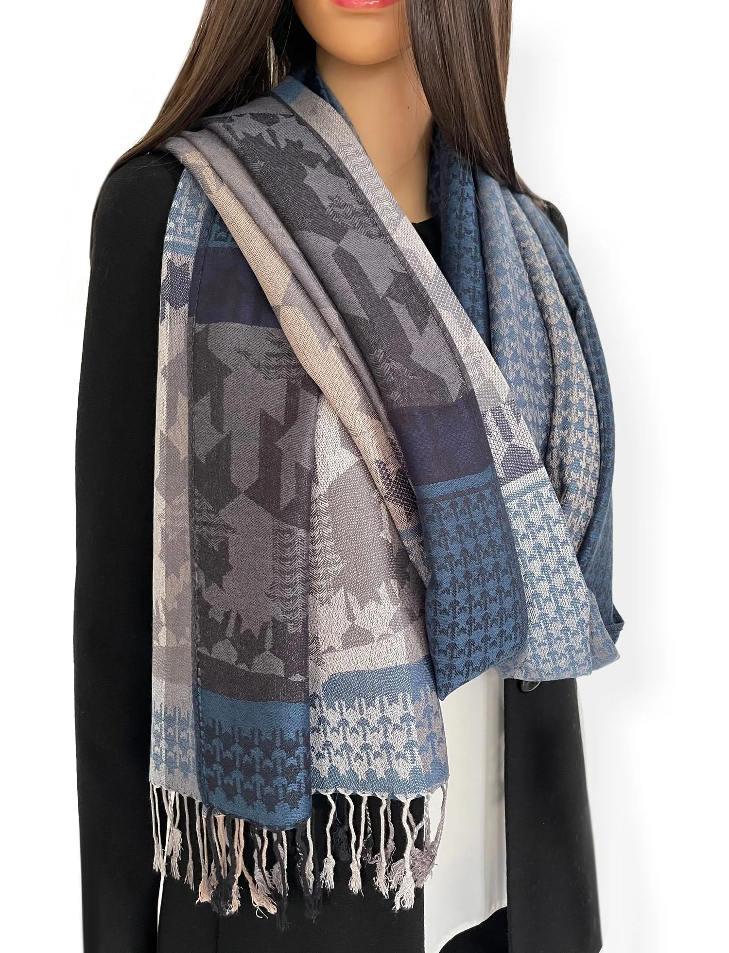 MULTICOLOUR NAVY BLUE AZTEC PRINT PASHMINA SHAWL SCARF