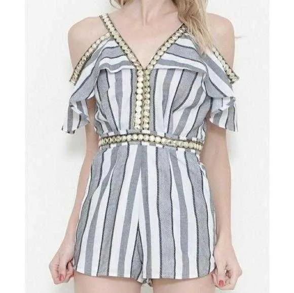 Nautical Cold Shoulder Striped Romper