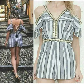 Nautical Cold Shoulder Striped Romper