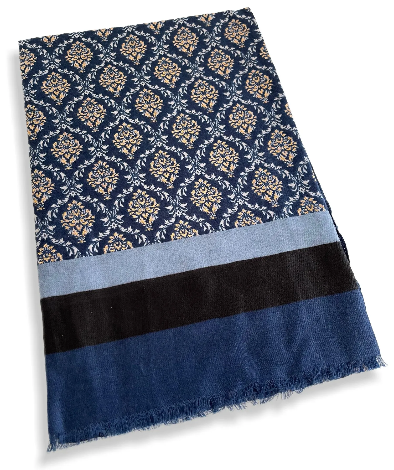 NAVY BLUE METALLIC PAISLEY PRINT PASHMINA SHAWL SCARF WITH STRIPES