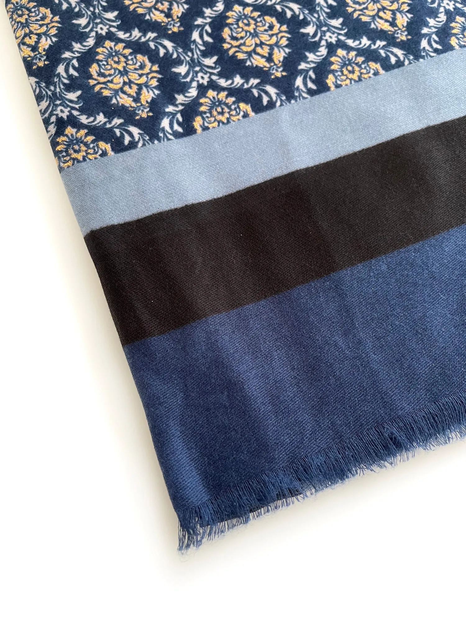 NAVY BLUE METALLIC PAISLEY PRINT PASHMINA SHAWL SCARF WITH STRIPES