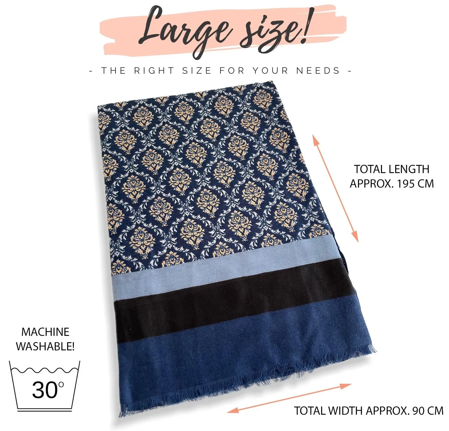 NAVY BLUE METALLIC PAISLEY PRINT PASHMINA SHAWL SCARF WITH STRIPES